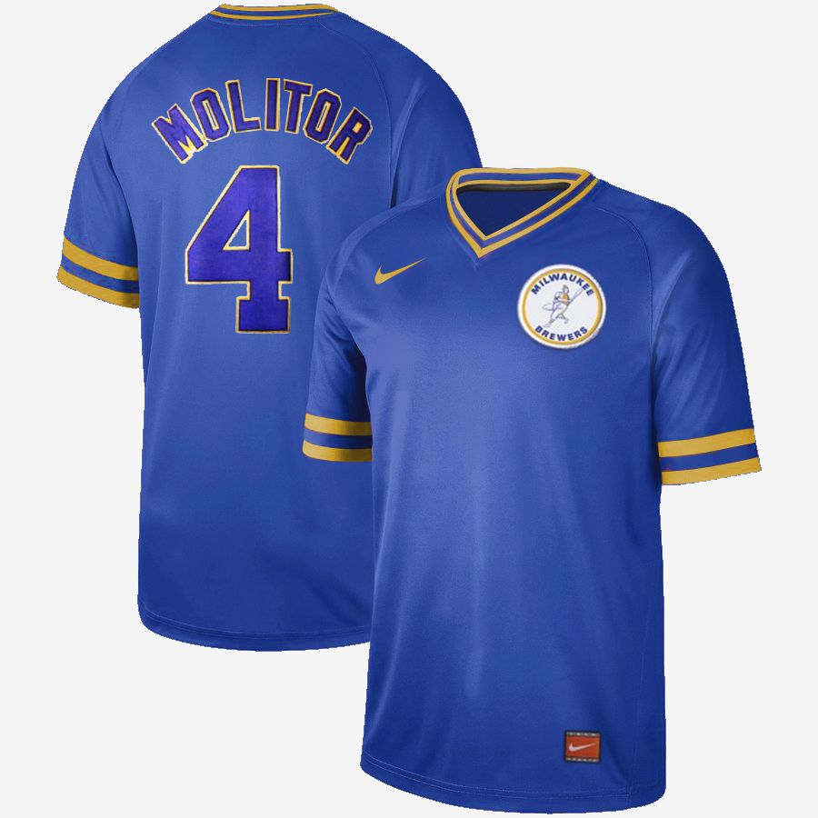 Men Milwaukee Brewers #4 Molitor Blue Nike Cooperstown Collection Legend V-Neck MLB Jersey